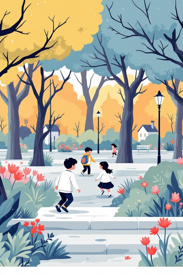 Children running and playing in a park with tall trees